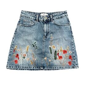 MNG Jeans Women Blue Denim Mini Skirt Boho Floral Detail Size XS USA Festival